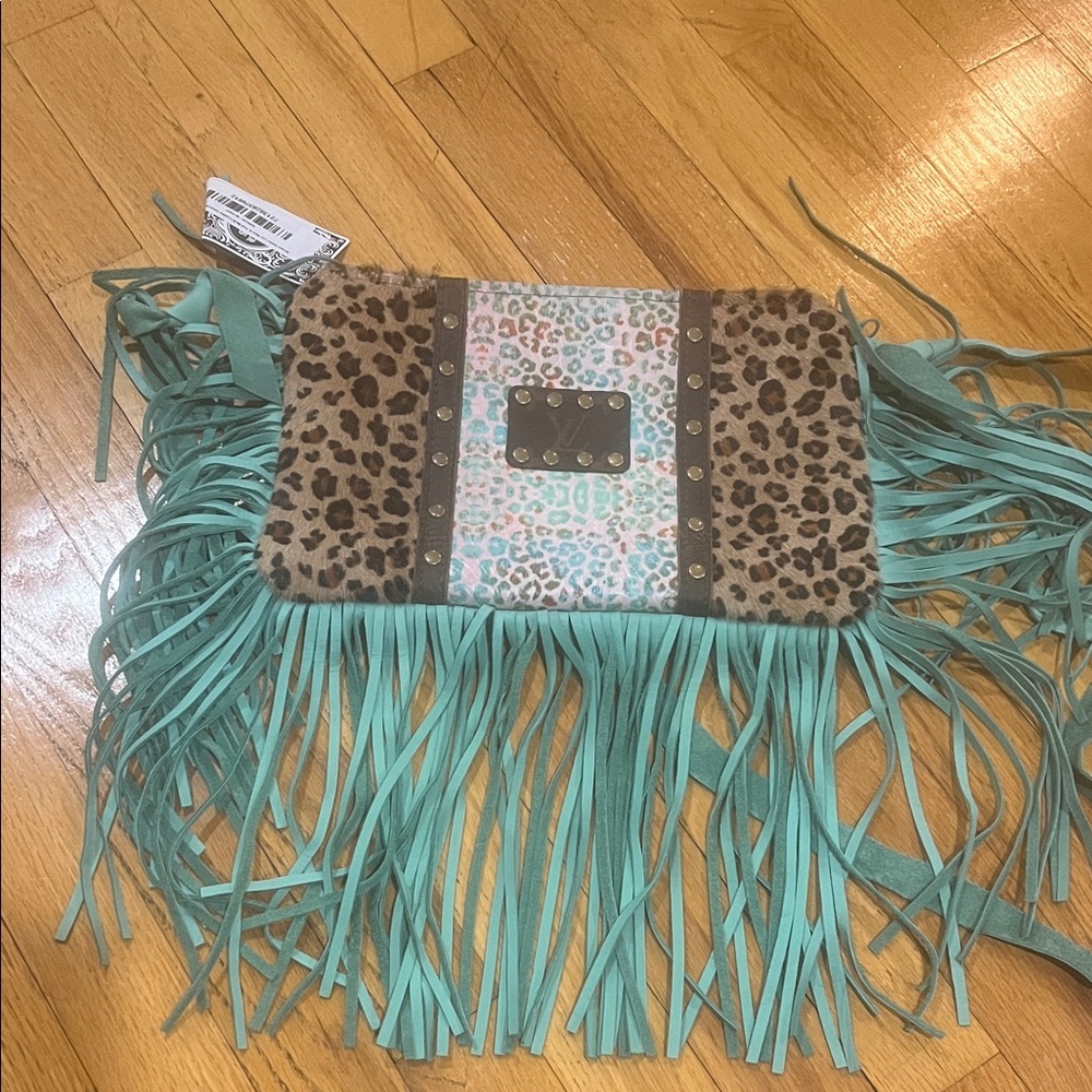 Fringe Crossbody Bag with Leopard & Aqua Accents